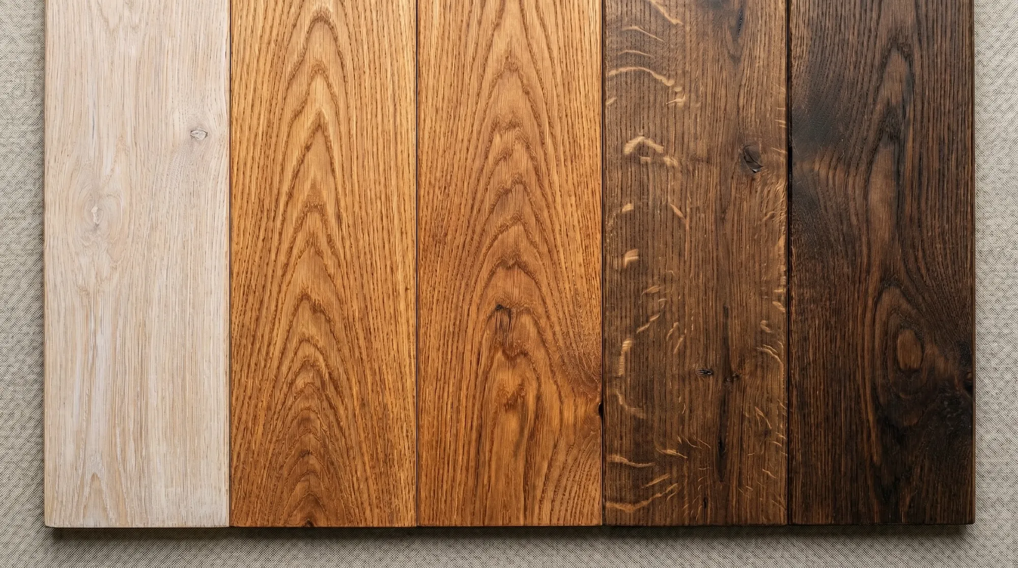 Close-up of selected oak boards showing tone variation, grain, and natural texture